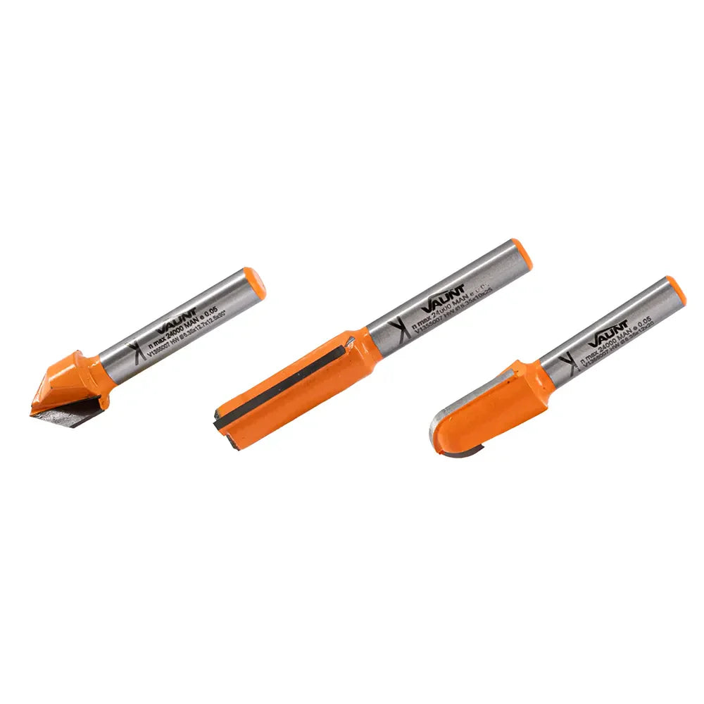 Vaunt 3 Piece Router Cutters V Groove, Roundnose and Straight 1/4" Shank Set